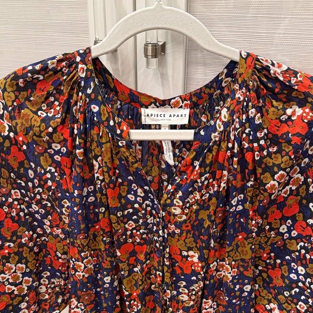 Apiece Apart Navy Floral Long Sleeve Mini Dress with Red & Olive Details - Picture 2 of 4